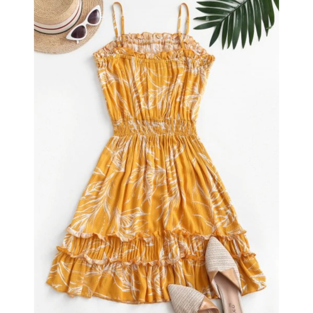 Zaful Women's Crinkly Frilled Bandeau Yellow Sun Dress Small - Picture 3 of 6